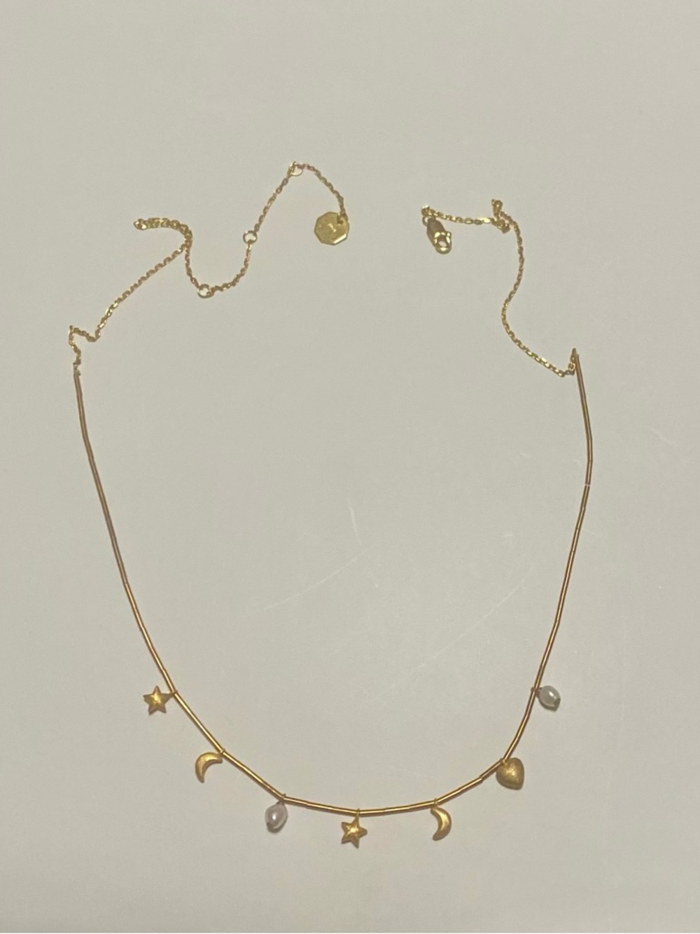 Gold Crescent Moon & Star Charm Necklace with Pearl Accent